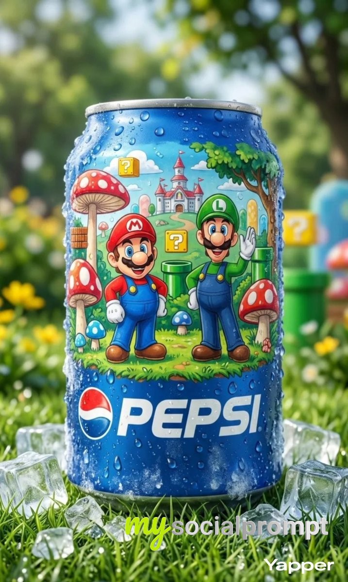 nanobanana prompt: Cinematic Macro Shot of Chilled Blue Pepsi Can with Mario & Luigi Artwork on Grass