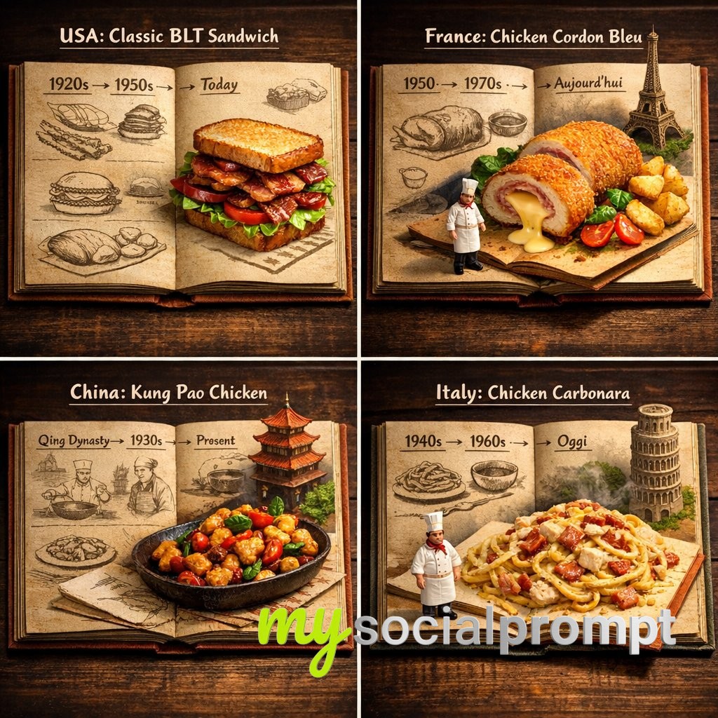 nanobanana prompt: Culinary Atlas Grid with 2D Sepia Sketches & 3D Pop-up Dioramas 2