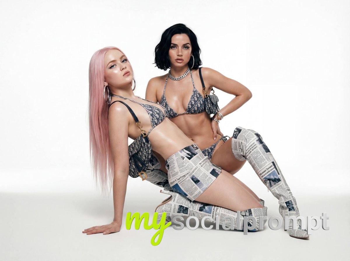 nanobanana prompt: Editorial Fashion Duo with Bold Poses and Studio Lighting 2