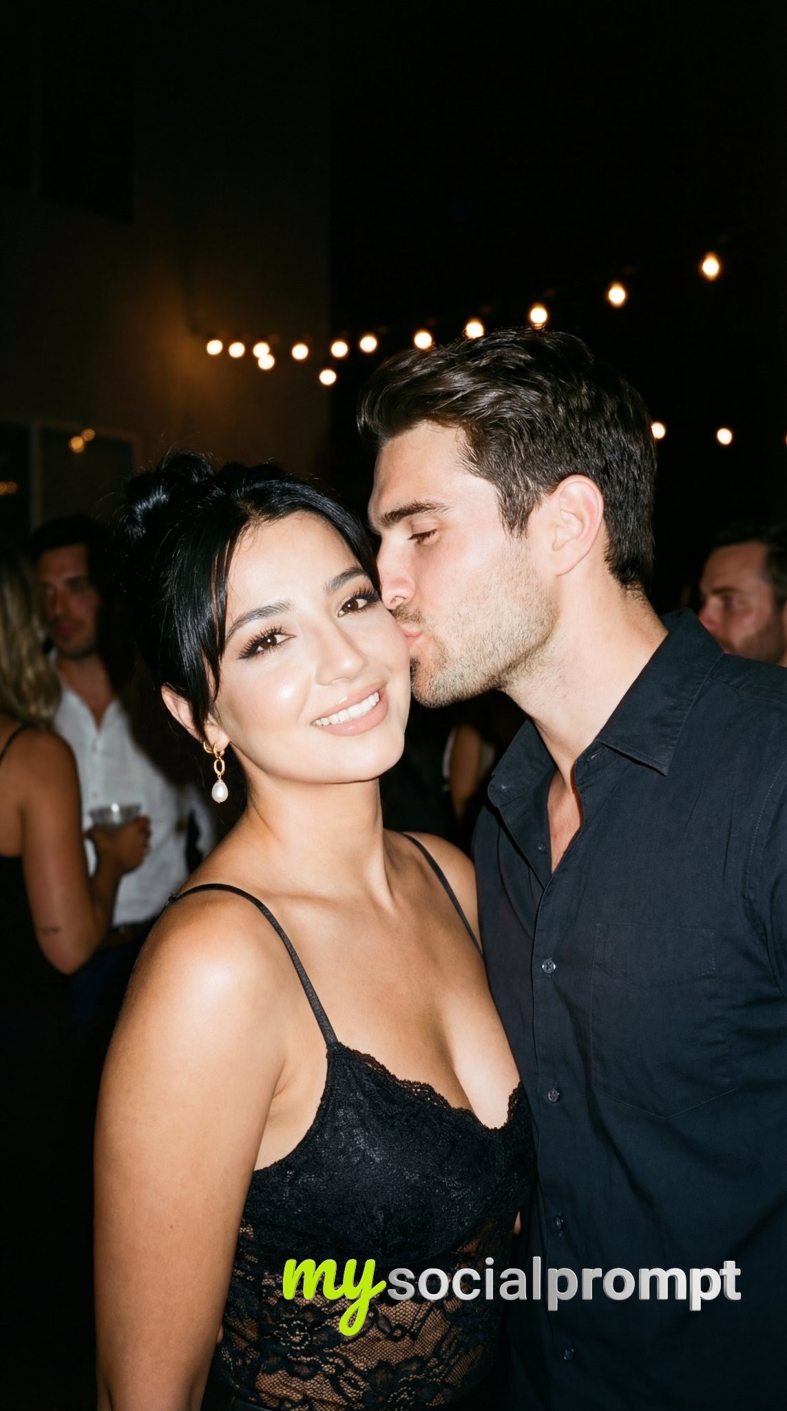 nanobanana prompt: Photoreal Party Couple Cheek Kiss with Flash Lighting
