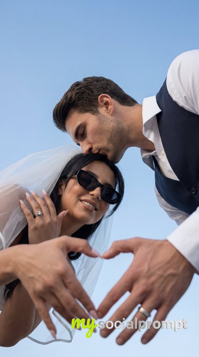 nanobanana prompt: Low-Angle Wedding Editorial: Heart Hands & Temple Kiss in Soft Daylight
