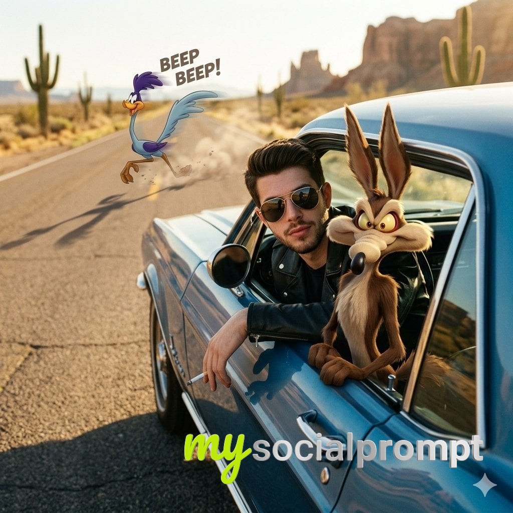 nanobanana prompt: Hyper-realistic man and cartoon coyote in vintage car, cinematic golden hour desert