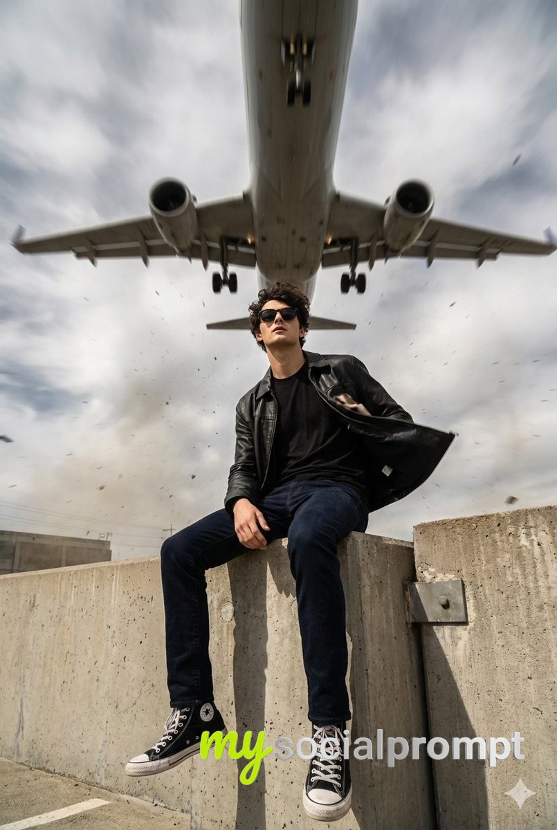 nanobanana prompt: Ultra-Realistic Cinematic 8K Portrait with Low-Flying Aircraft