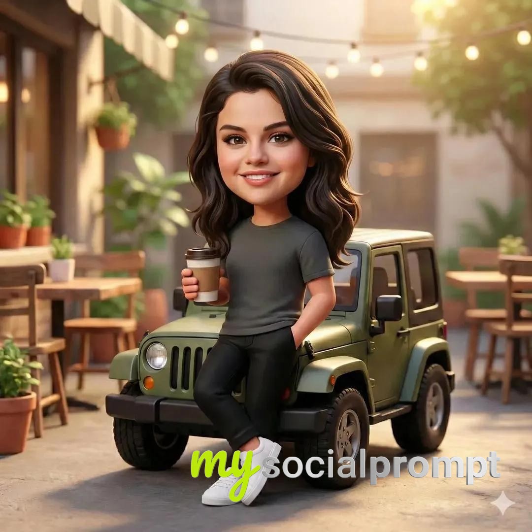 nanobanana prompt: Pixar-Style 3D Chibi Character in Cinematic Golden-Hour Café Scene 2