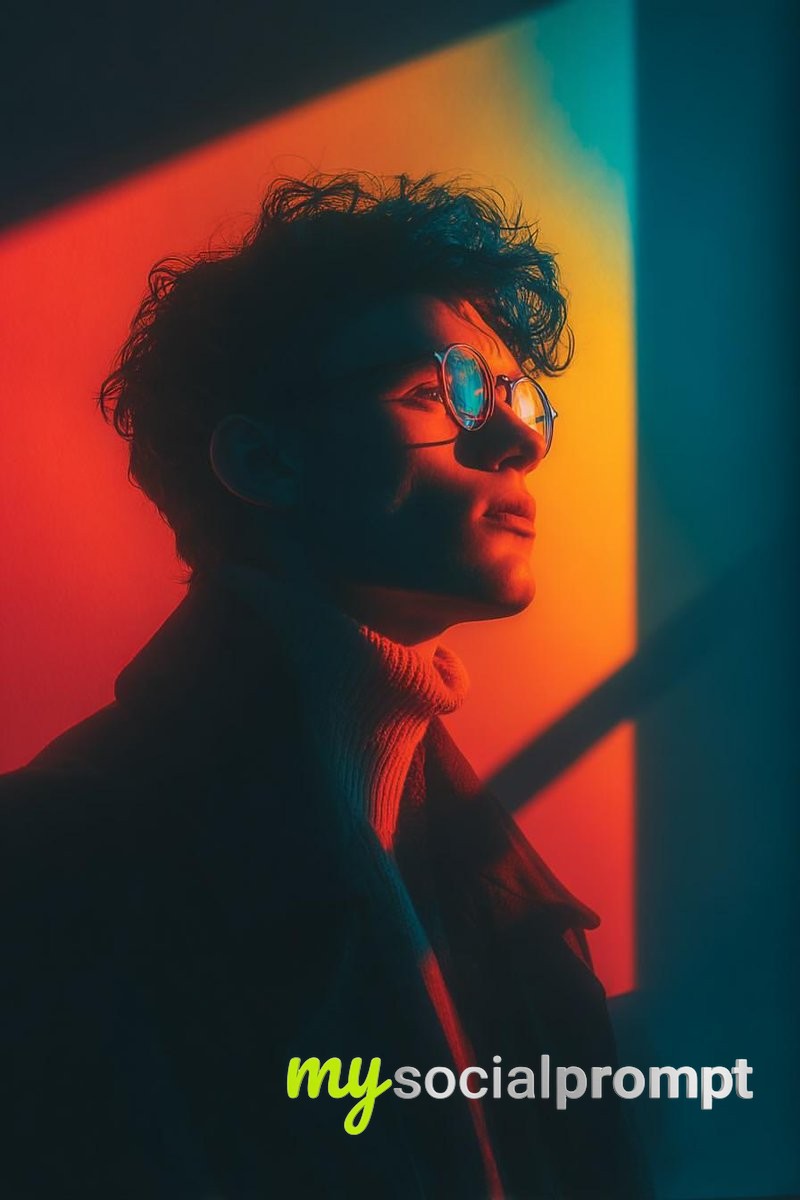 nanobanana prompt: Cinematic Portrait with Geometric Light & Color Contrast
