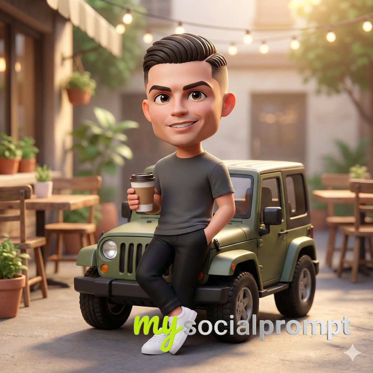nanobanana prompt: Chibi Character in Cozy Café Courtyard with Cinematic Lighting