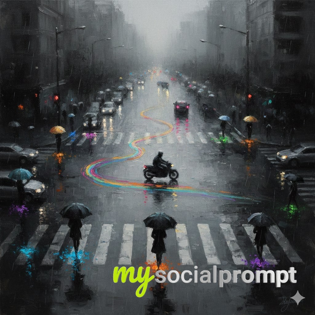 nanobanana prompt: Impressionist Rainy Urban Intersection with Neon Lights and Urban Solitude