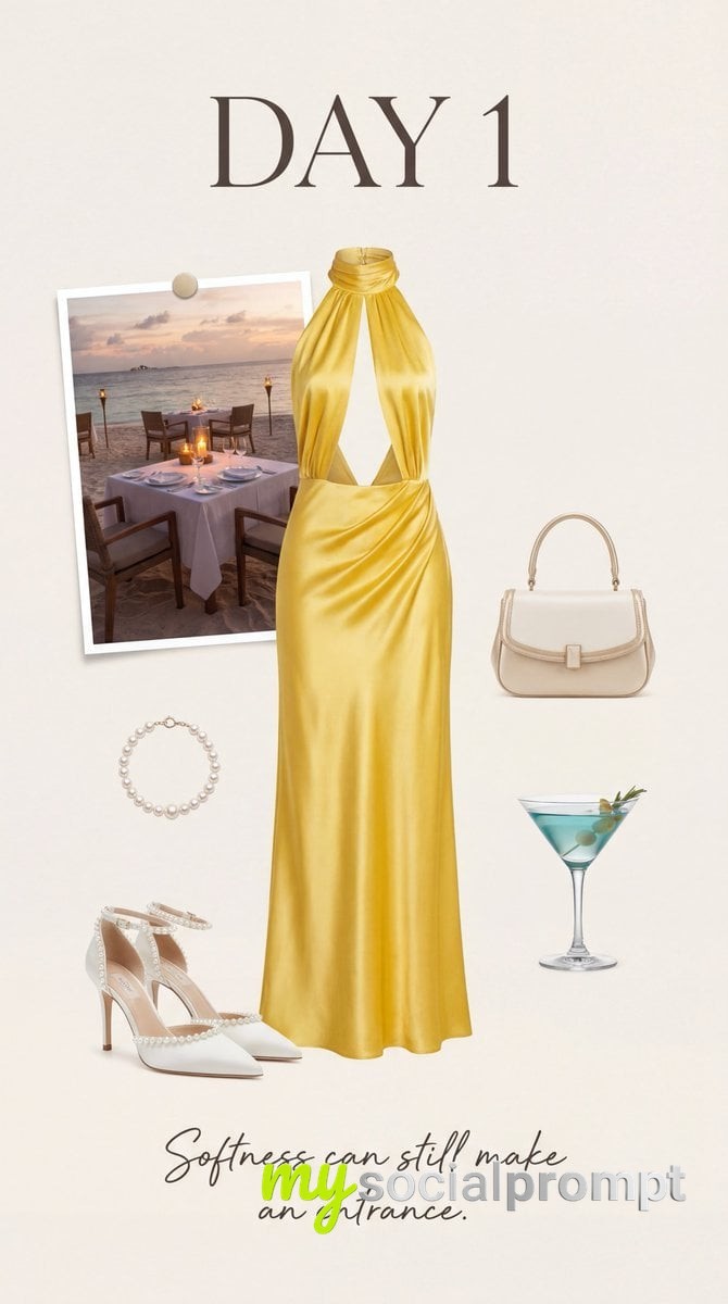 nanobanana prompt: Minimal Luxury Editorial Moodboard with Yellow Satin Halter Dress