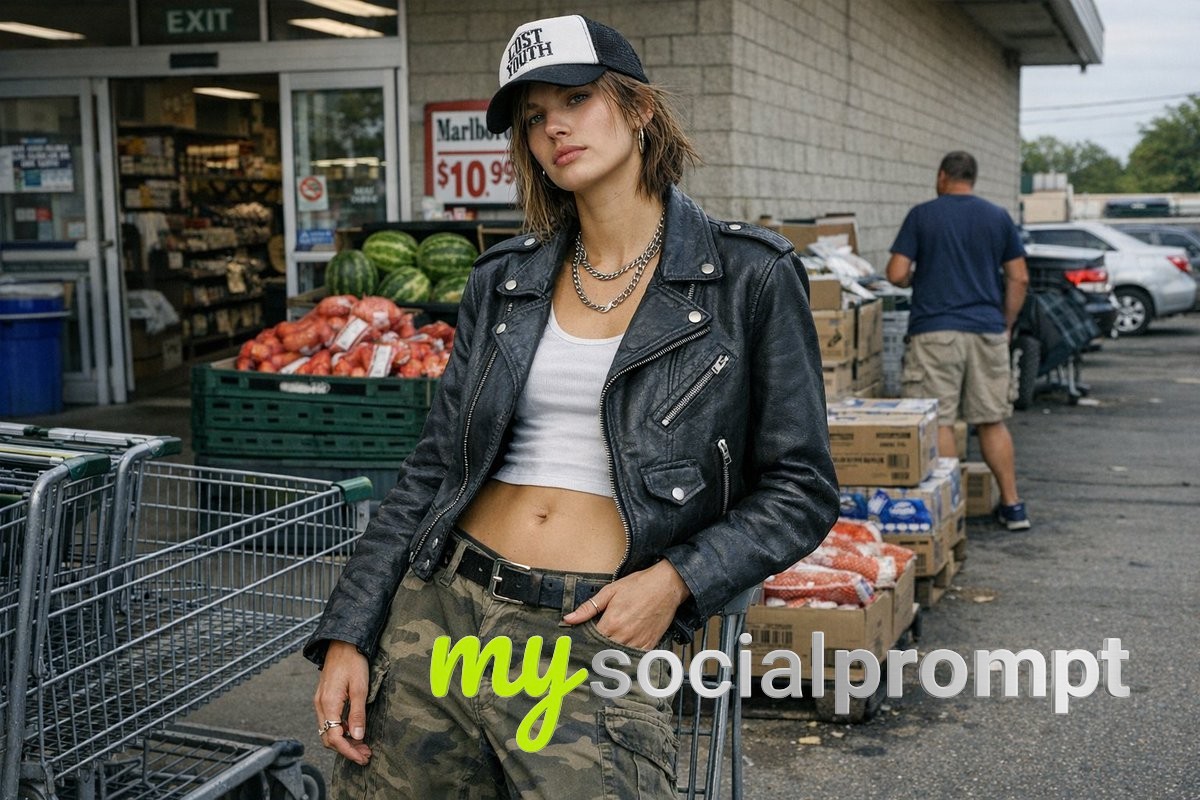 nanobanana prompt: Cinematic Fashion vs Realistic Supermarket Portrait 2