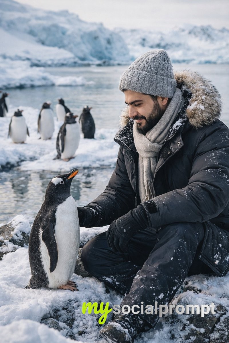 nanobanano prompt: Hyper-realistic Portrait in Arctic Habitat with Penguins