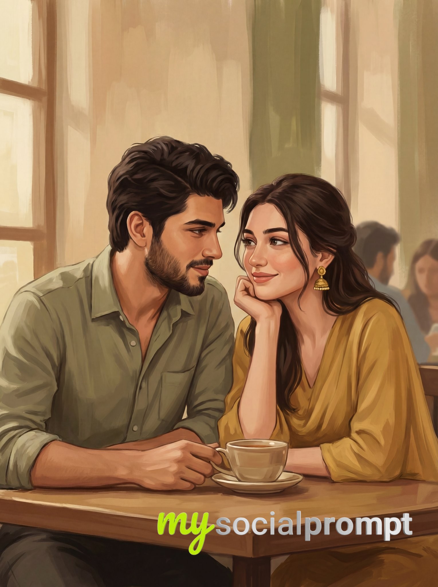 nanobanana prompt: Intimate Cafe Scene with Warm Cinematic Lighting