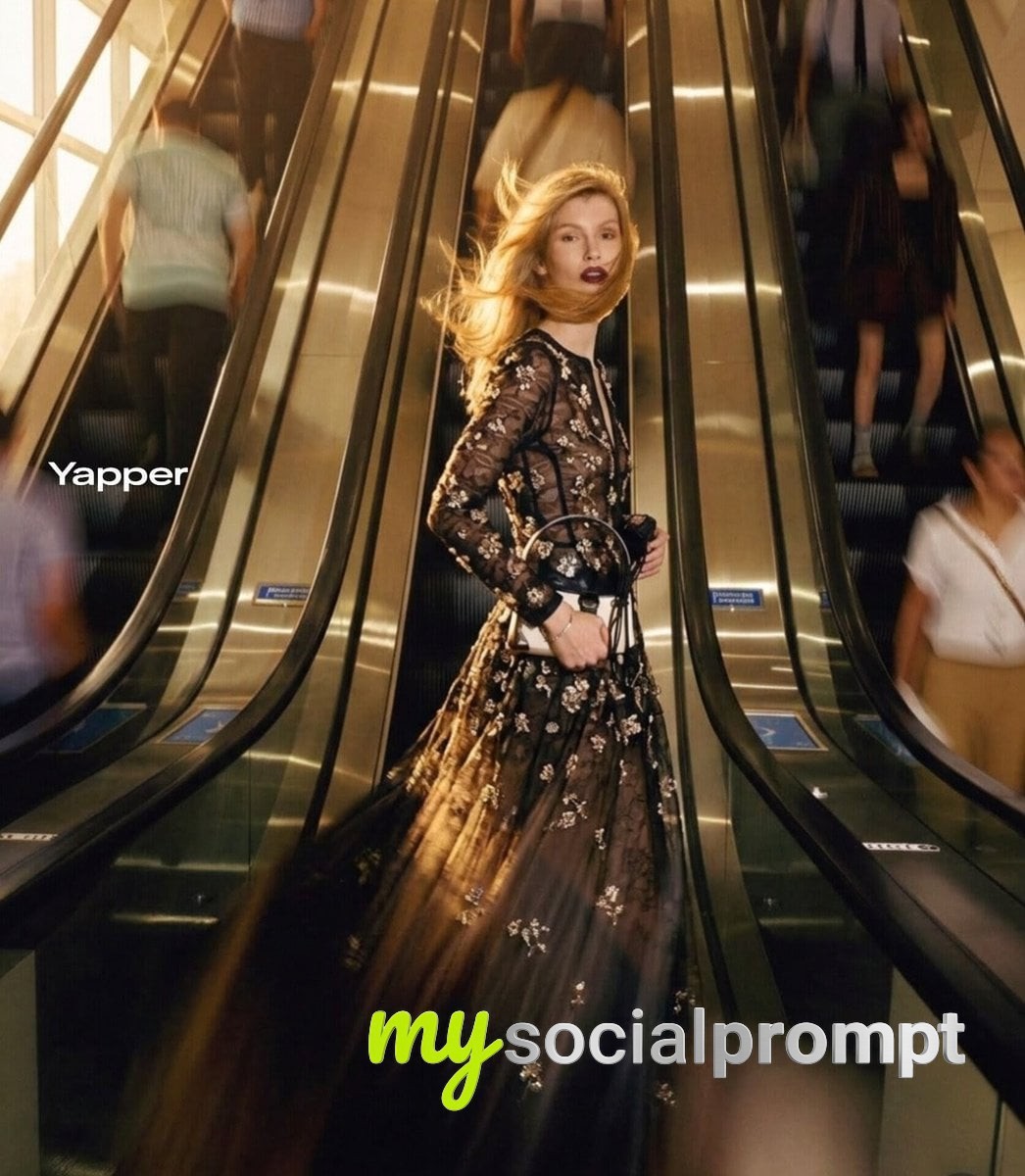 nanobanana prompt: Cinematic Fashion Editorial: Dynamic Blonde Model in Luxury Mall