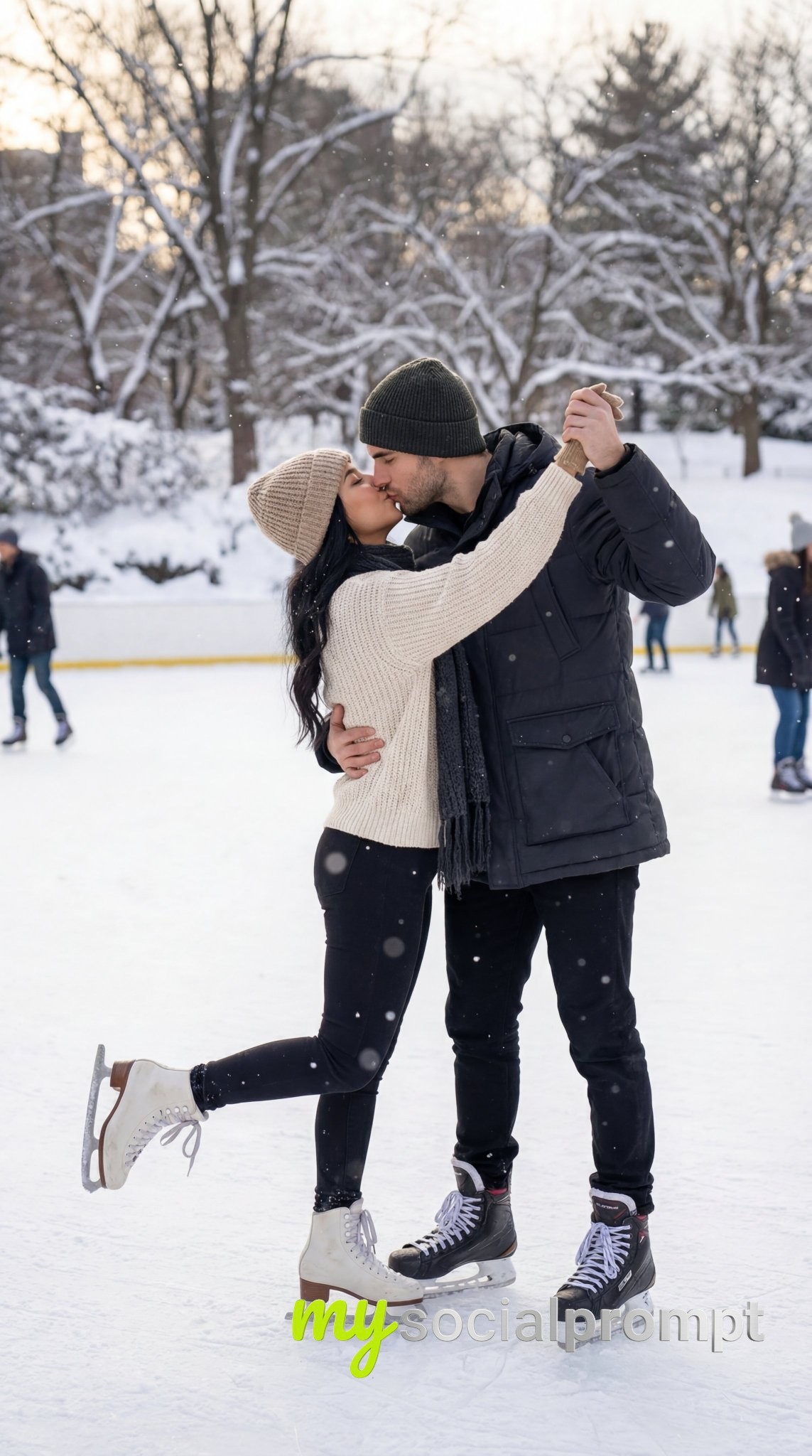 nanobanana prompt: Winter Ice Skating Couple – Cinematic Twirl Kiss Portrait