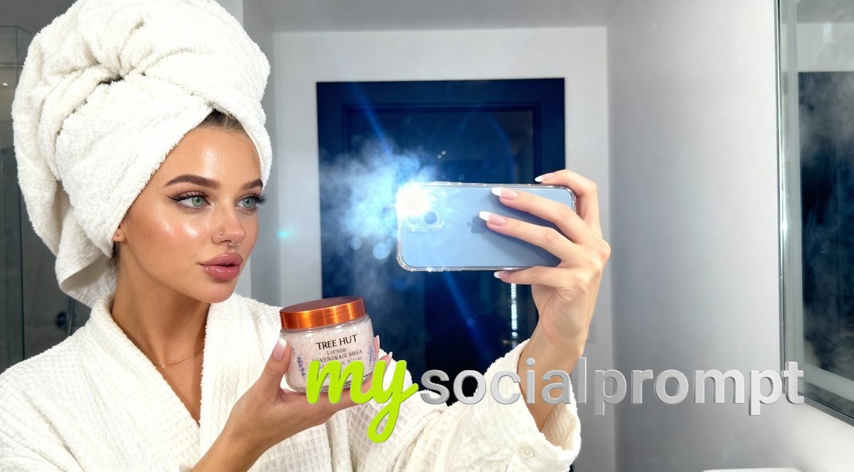 nanobanana prompt: Mirror Selfie Photography with Tree Hut Lavender Sugar Scrub - Glowing Skin