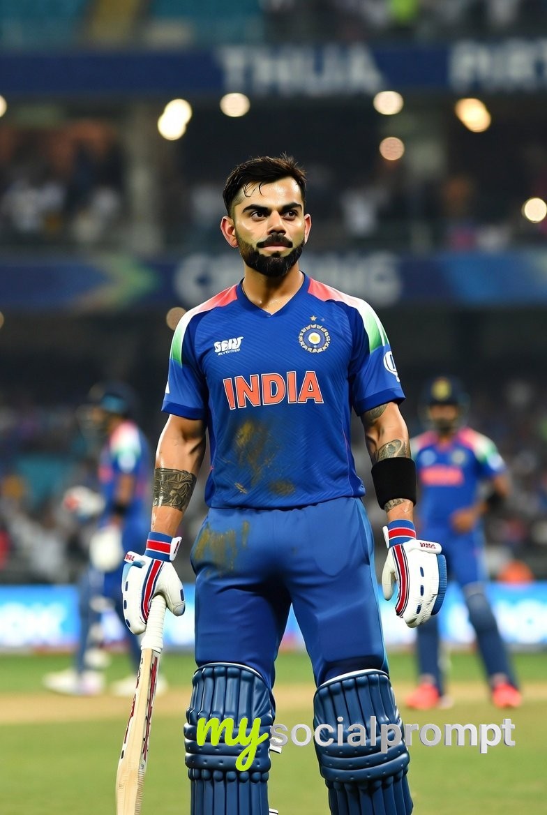 nanobanana prompt: Virat Kohli Cinematic Sports Photography Realistic Portrait