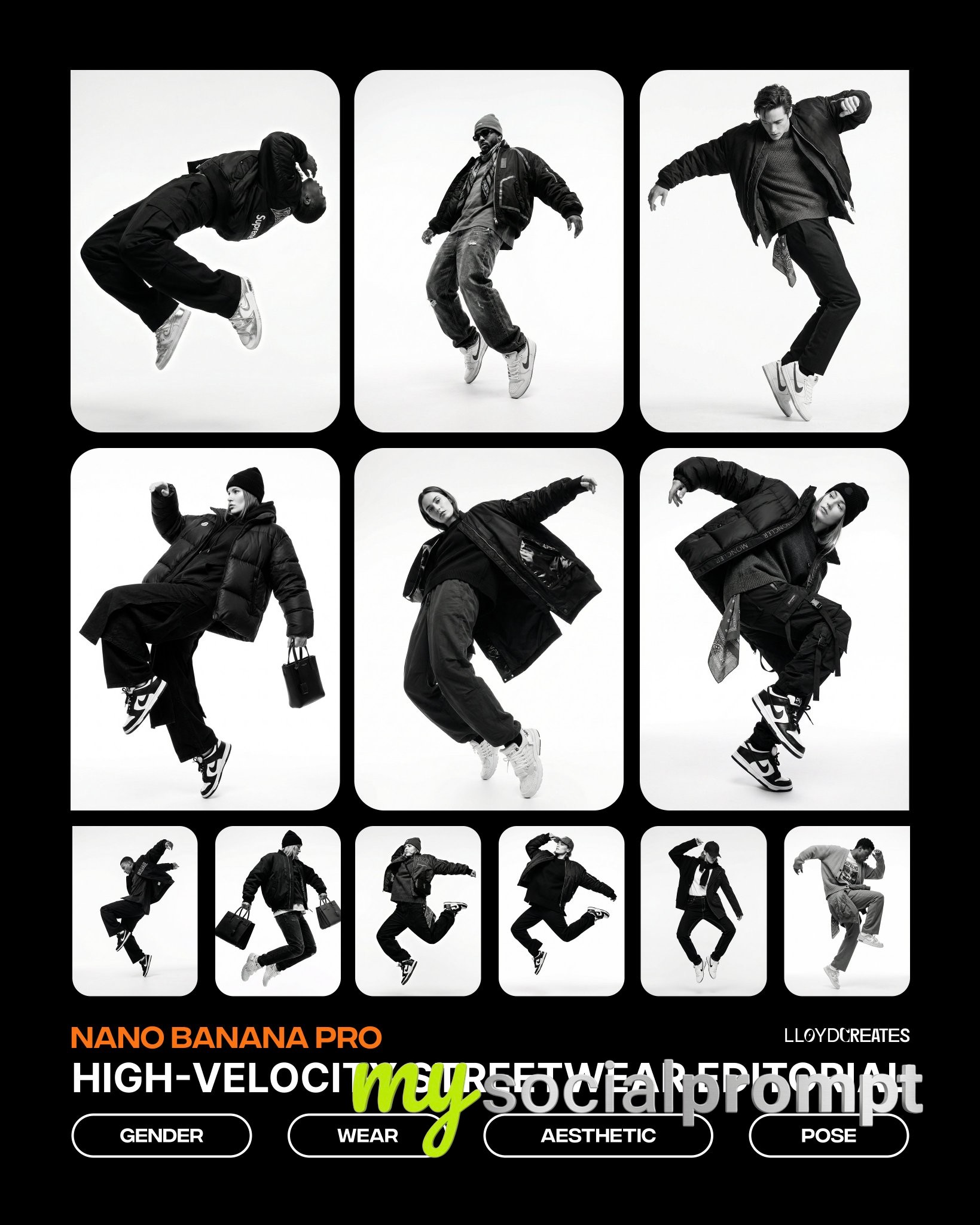 nanobanana prompt: Cinematic Luxury Hypebeast Editorial in Monochrome