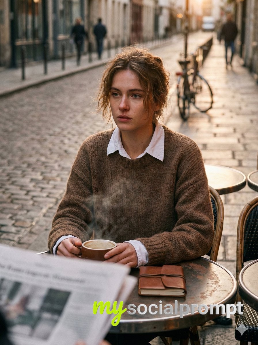nanobanana prompt: Nan Goldin Style Morning Portrait at Street Café, Cinematic Analog Grain