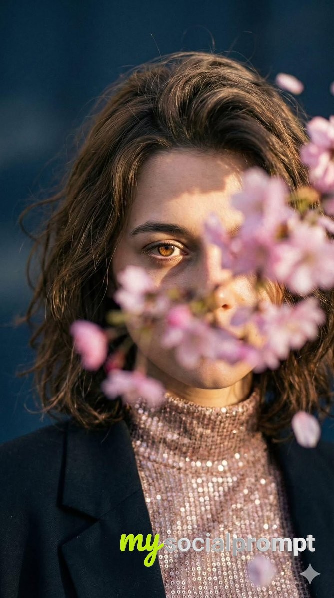 nanobanana prompt: Cinematic Portrait with Blossom Foreground & Golden-Hour Lighting 3