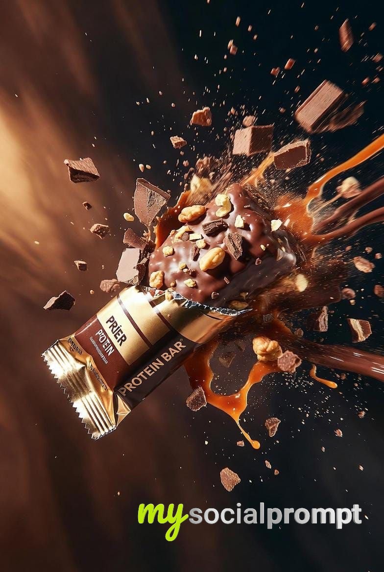 nanobanana prompt: Cinematic Protein Bar Photography with Explosive Texture Detail 3