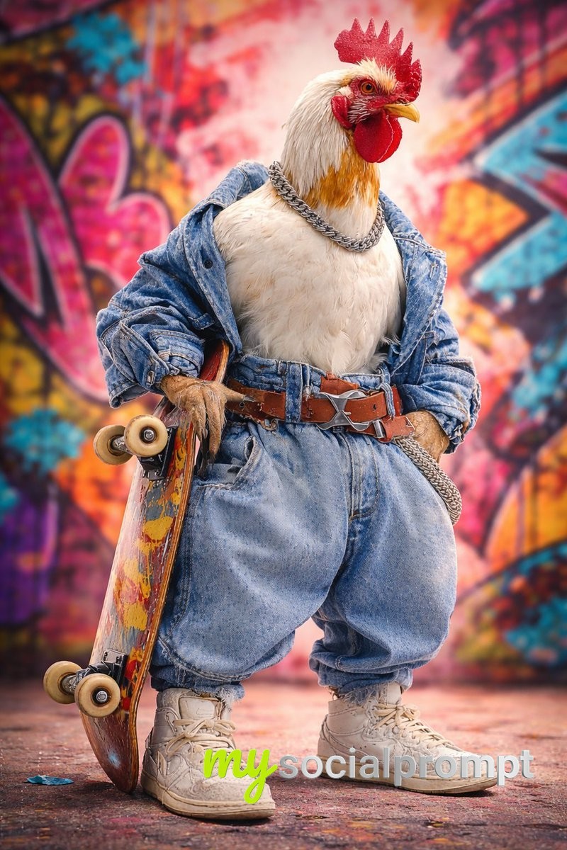 nanobanana prompt: Anthropomorphic Rooster Street Skater in Cinematic Studio Portrait