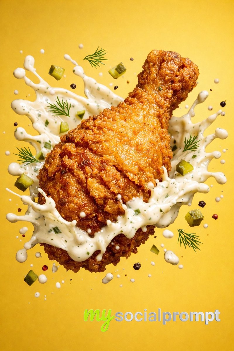 nanobanana prompt: Epic Cinematic Fantasy Food Scene: Colossal Crispy Chicken Leg Rising from Molten Creamy Sauce