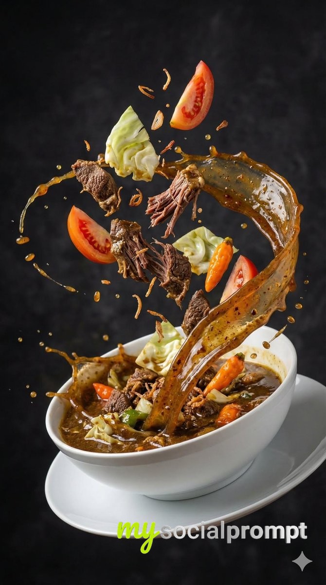 nanobanana prompt: Ultra-Realistic Asian Soup with Cinematic Motion Splash