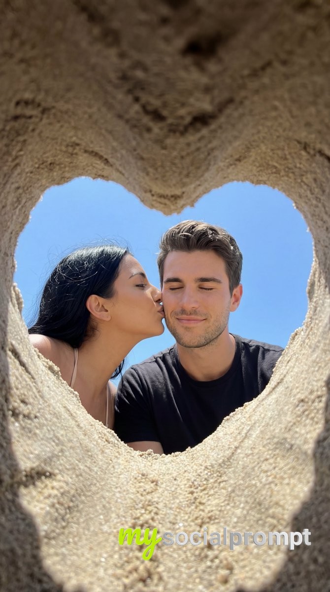 nanobanana prompt: Photoreal Candid Romance with Heart-Shaped Sand Frame