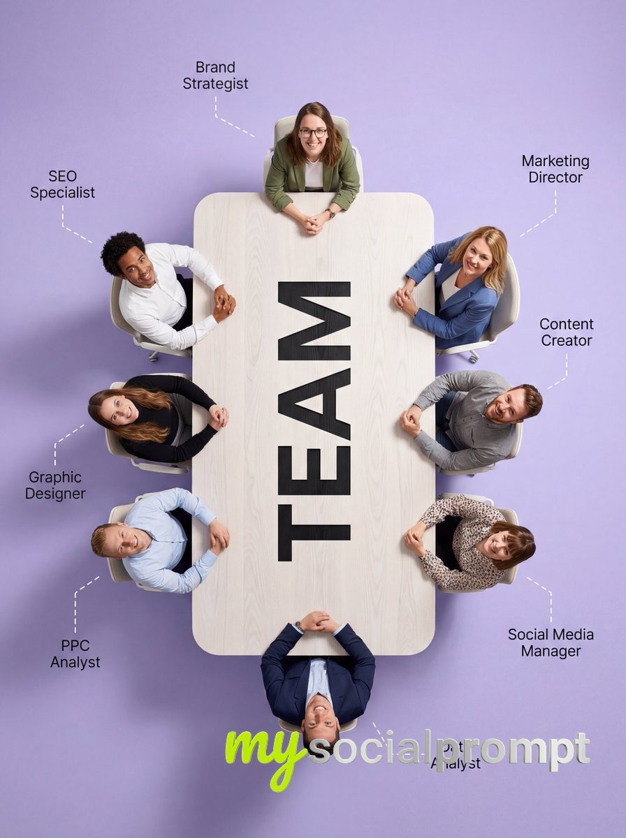 nanobanana prompt: Cinematic Flat Lay of Custom-Shaped Conference Table with Professionals 4