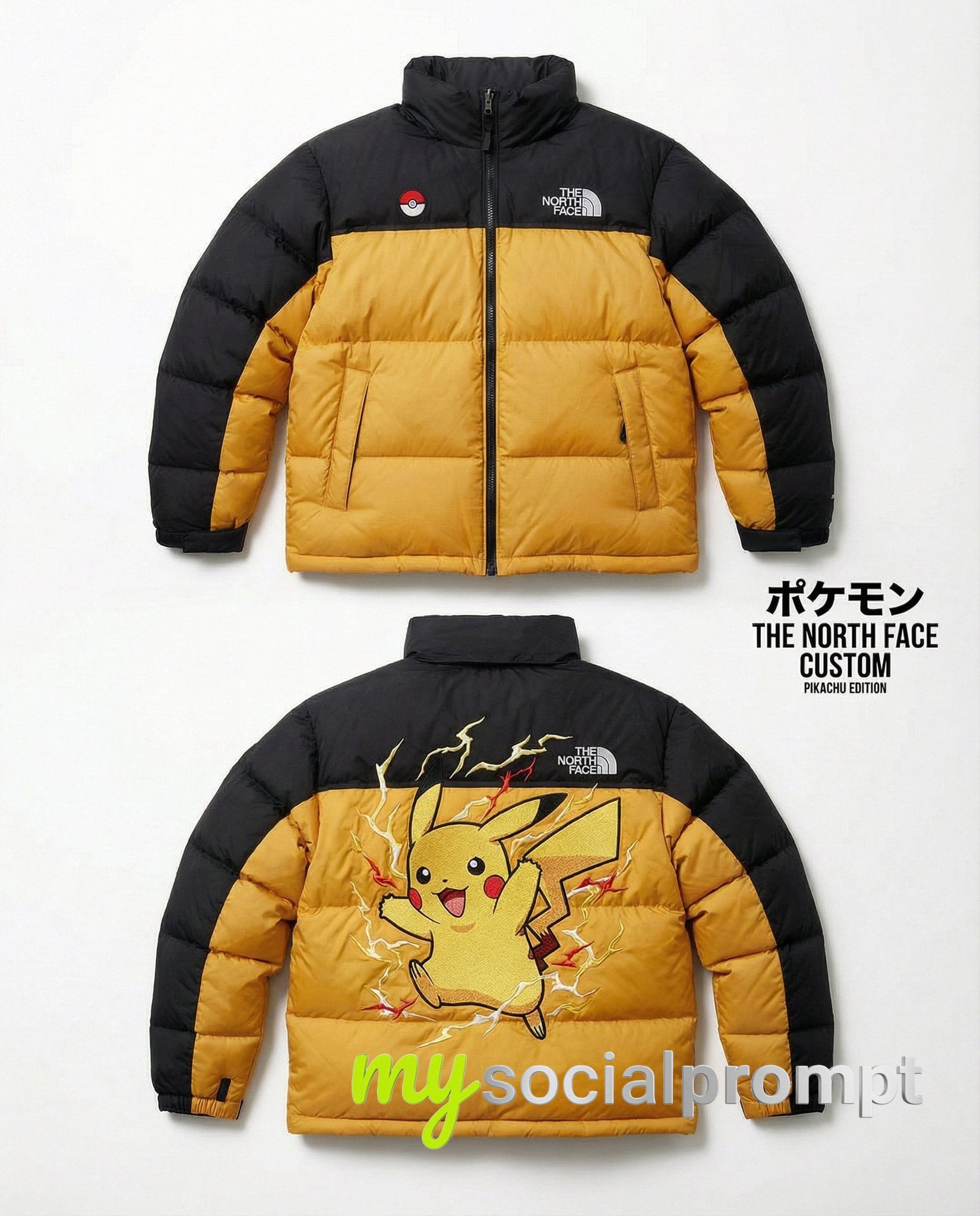 nanobanana prompt: Luxury Editorial Shot of Custom The North Face Nuptse 700 Puffer with Pokémon Inspired Embroidery