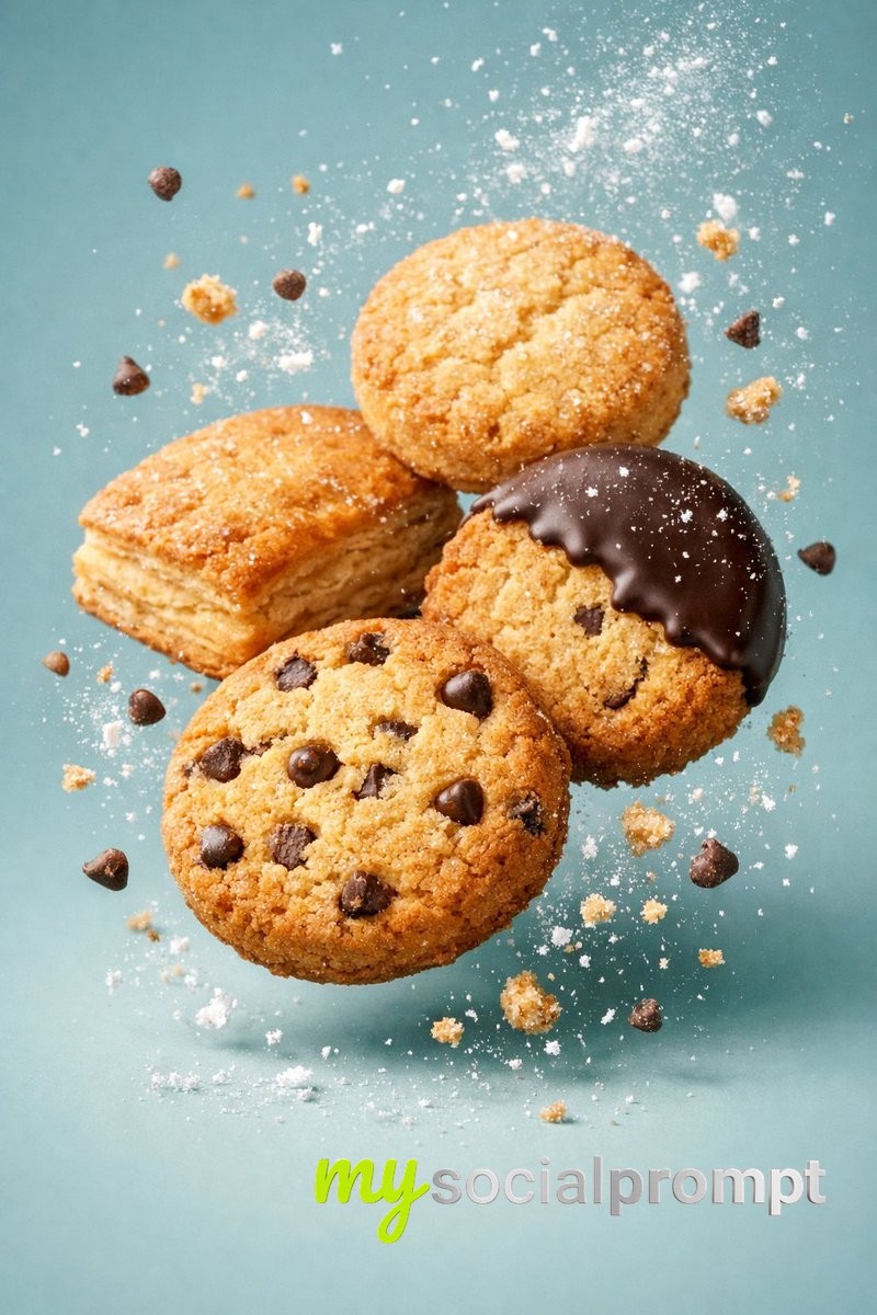 nanobanana prompt: Cinematic Biscuit Photography with Floating Ingredients 3