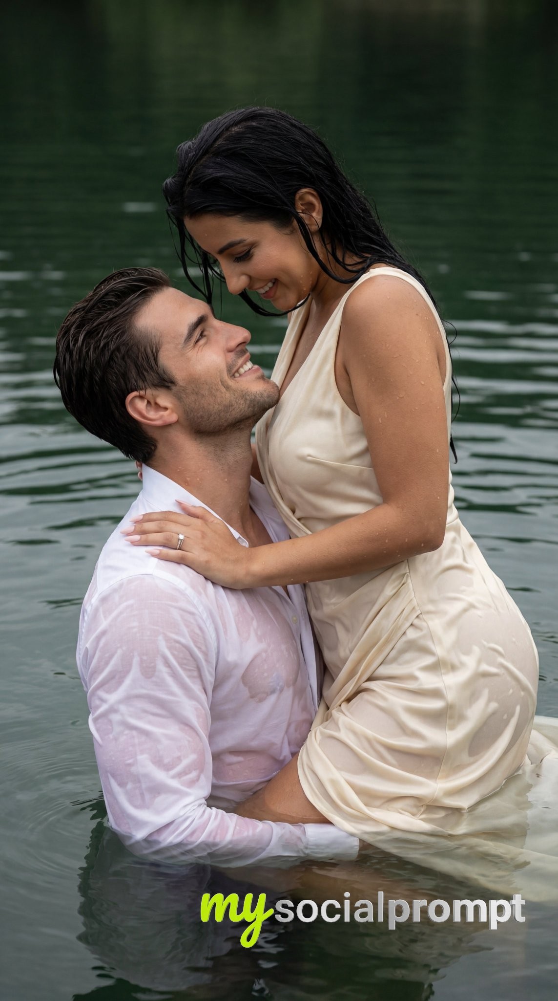 nanobanana prompt: Cinematic Lake Embrace with Wet Fabric Realism