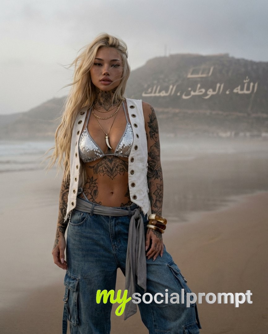 nanobanana prompt: Cinematic Fashion Portrait – Tattooed Blonde on Misty Beach