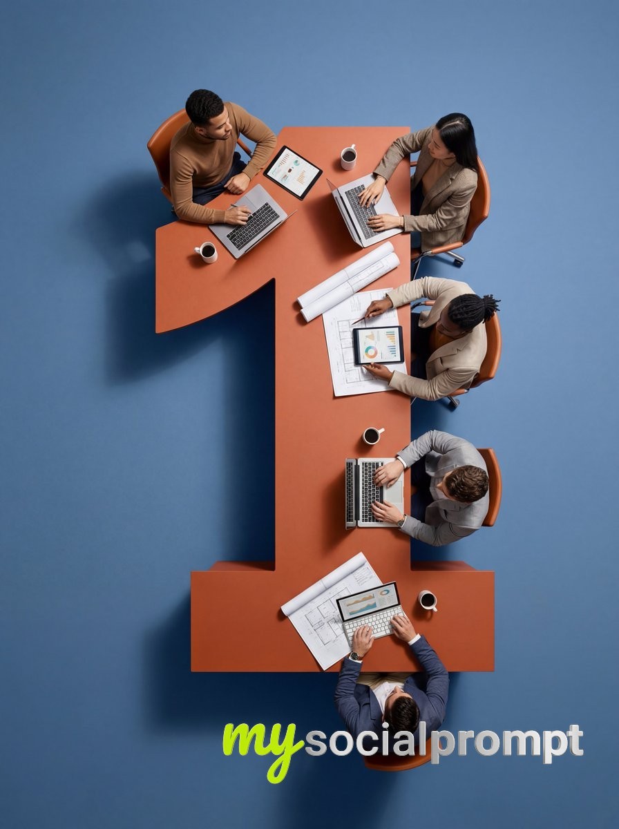 nanobanana prompt: Cinematic Flat Lay of Custom-Shaped Conference Table with Professionals 3