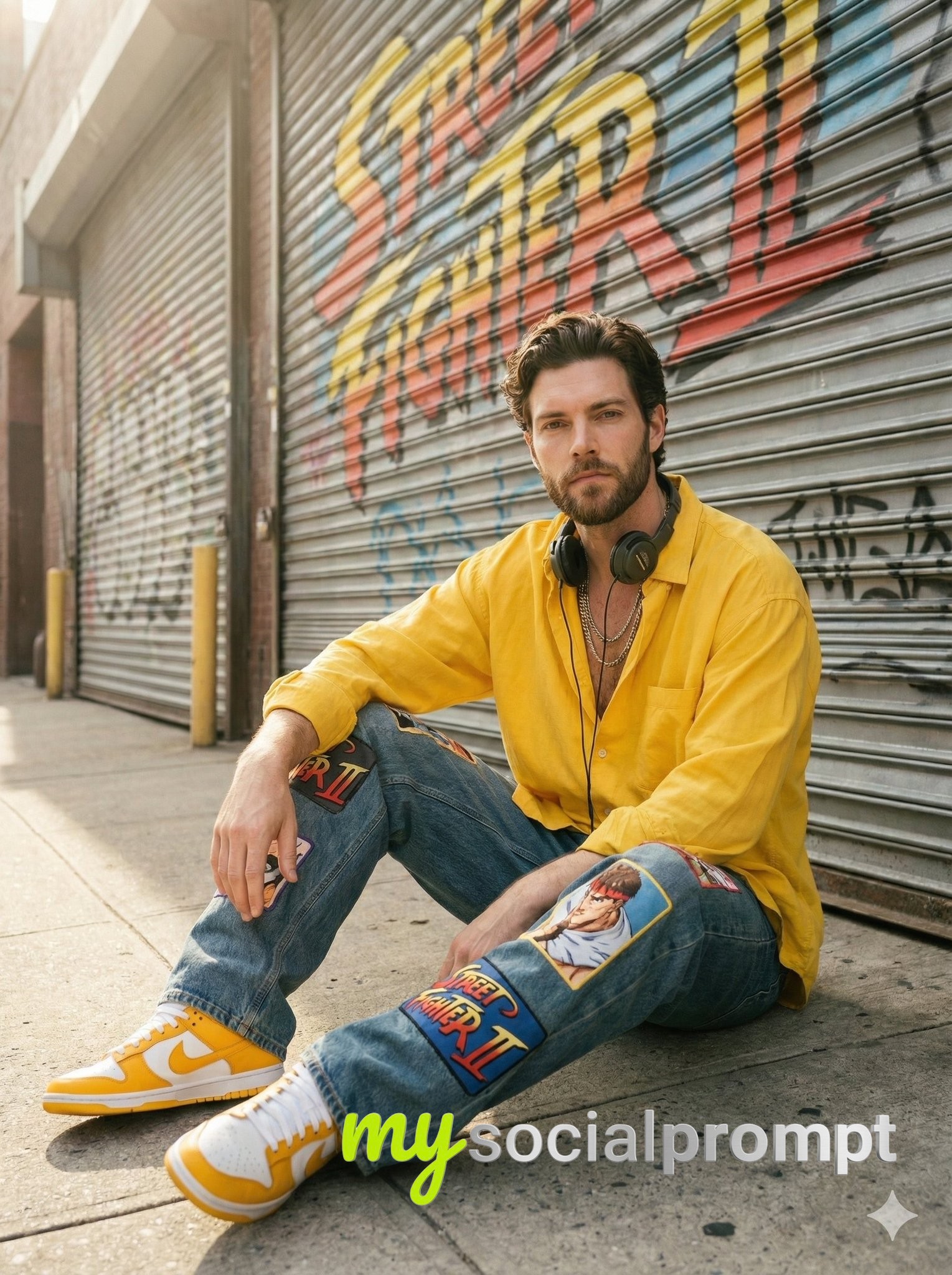 nanobanana prompt: Urban Streetwear Portrait with Cinematic Lighting & Retro Graffiti