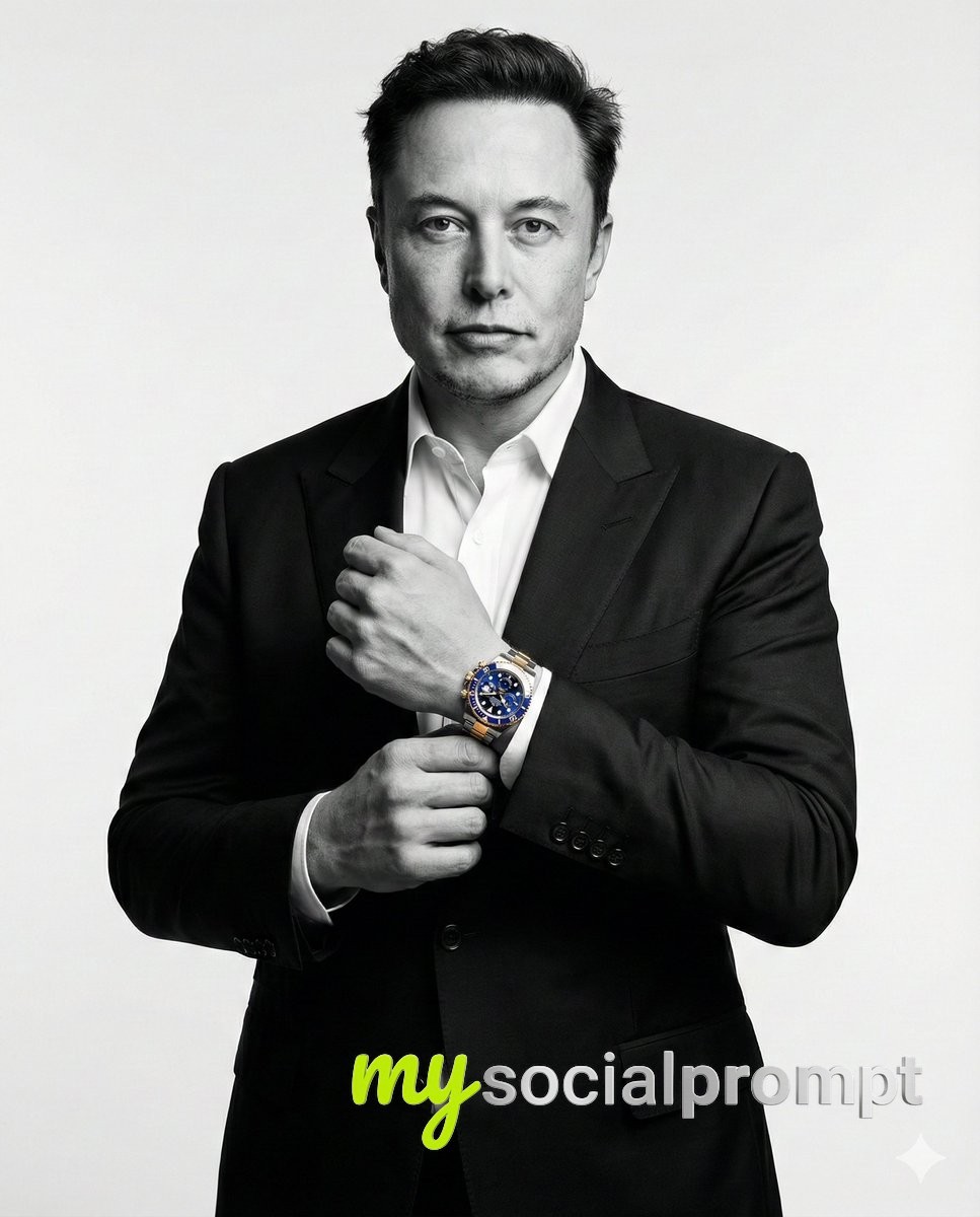nanobanana prompt: Cinematic B&W Luxury Editorial of Elon Musk