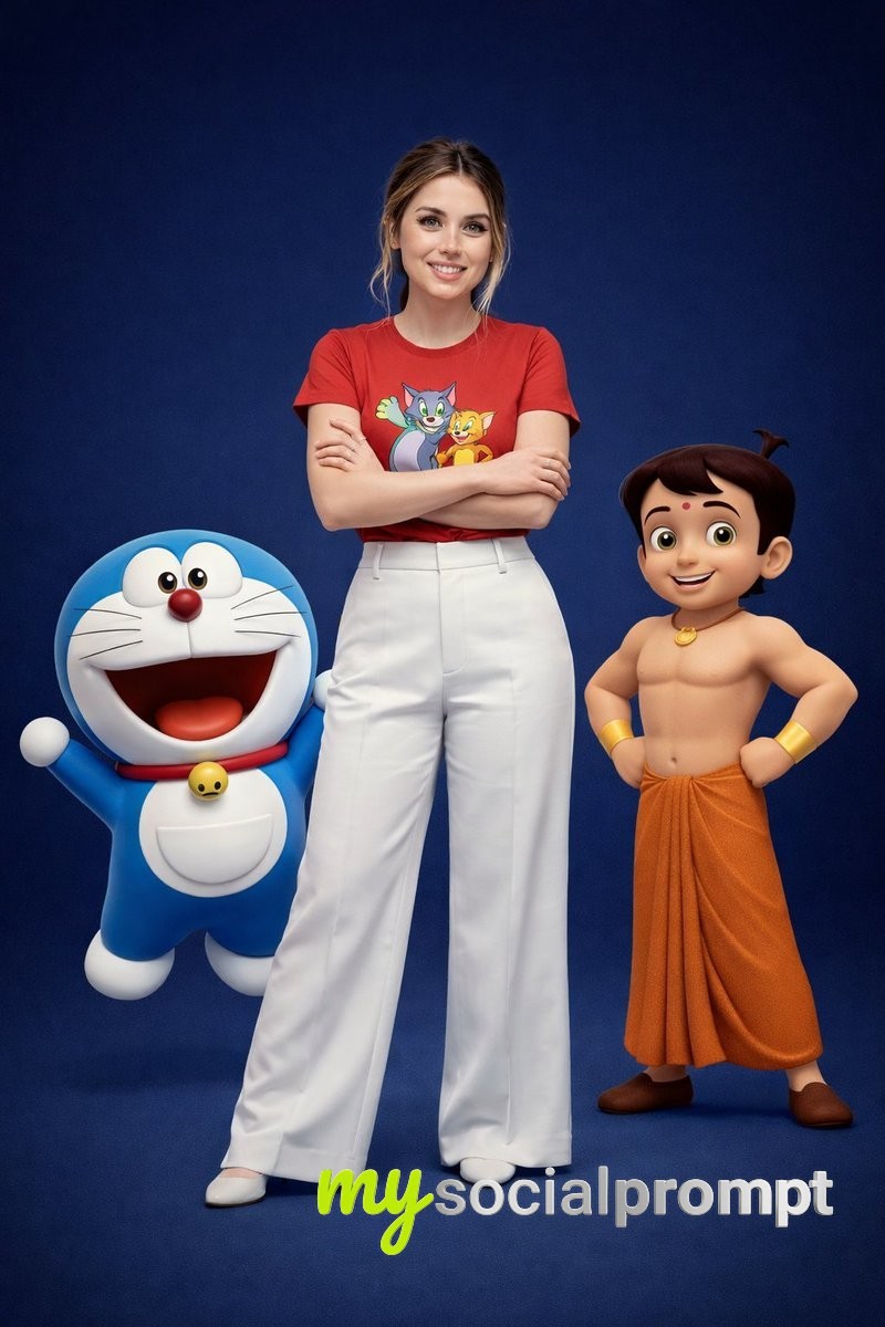 nanobanana prompt: Studio Character Portrait with Animated Companions 2