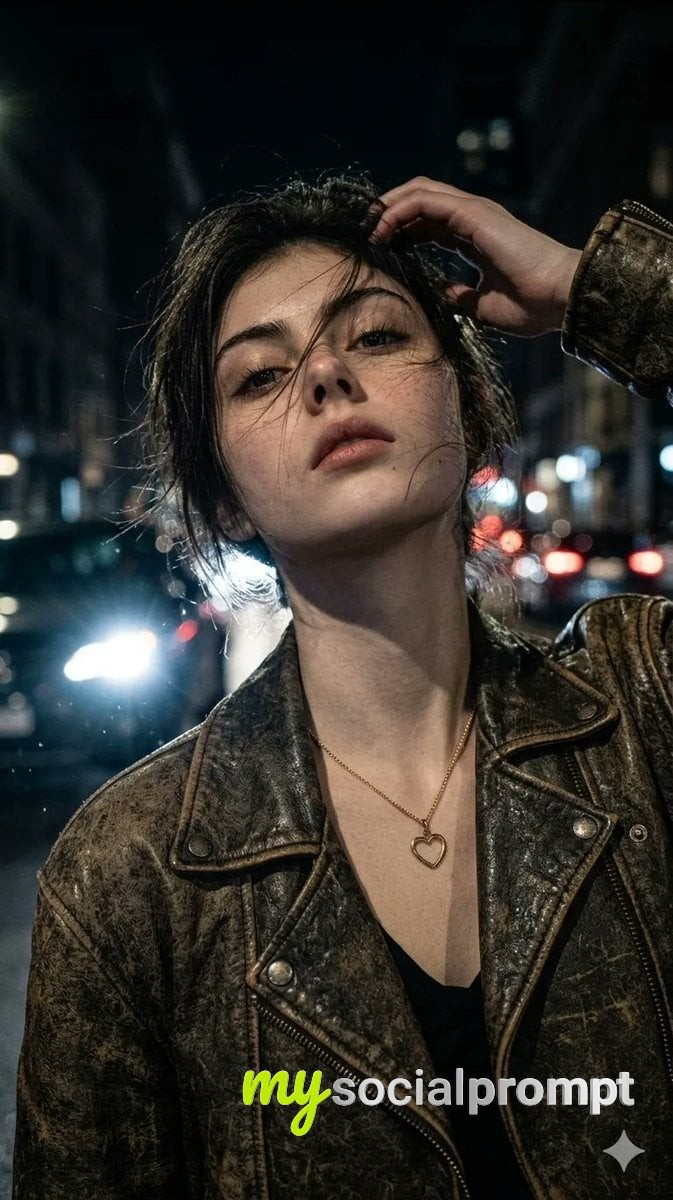 nanobanana prompt: Cinematic Portrait of Woman in Worn Leather Jacket with Sweeping Car Light 2