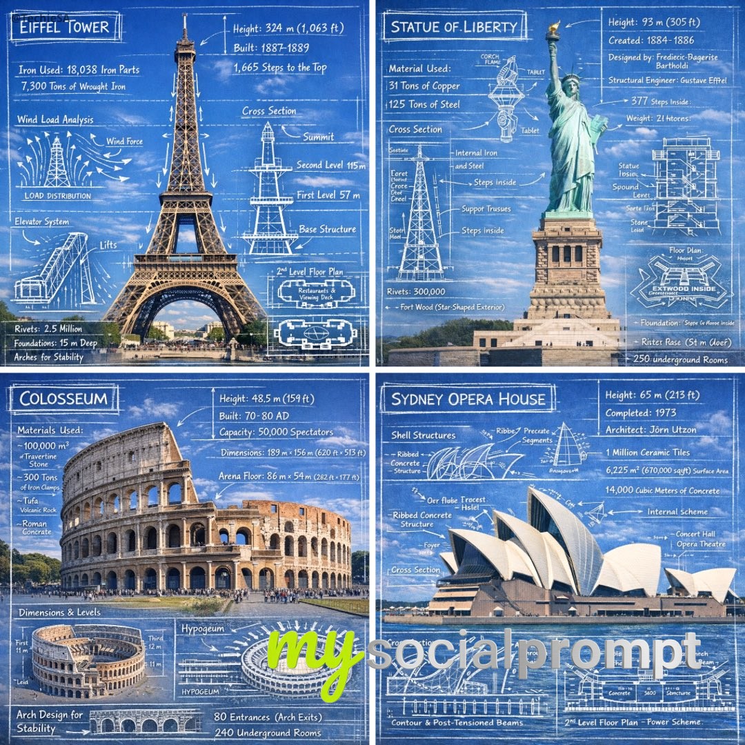 nanobanana prompt: Architectural Blueprint Infographic of [LANDMARK] with Technical Annotations