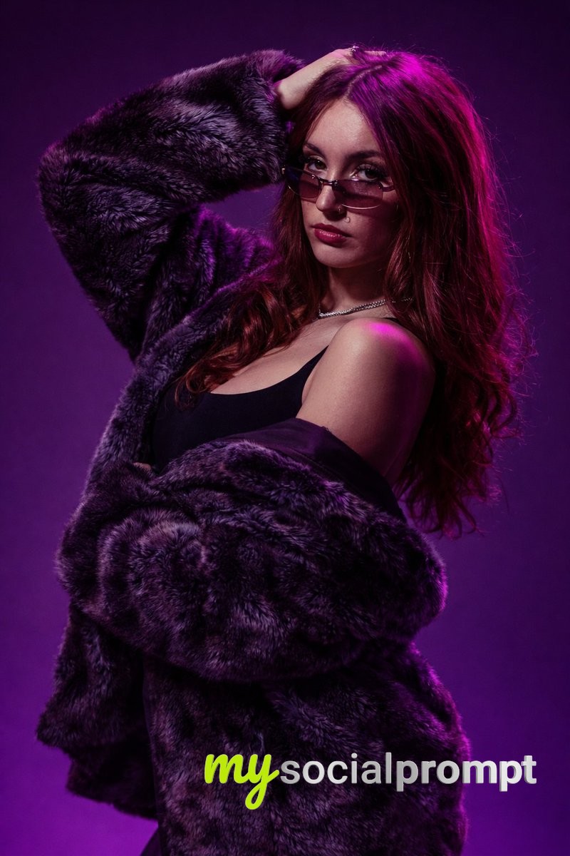 nanobanana prompt: Fashion Editorial Portrait with Studio Lighting & Purple Accents