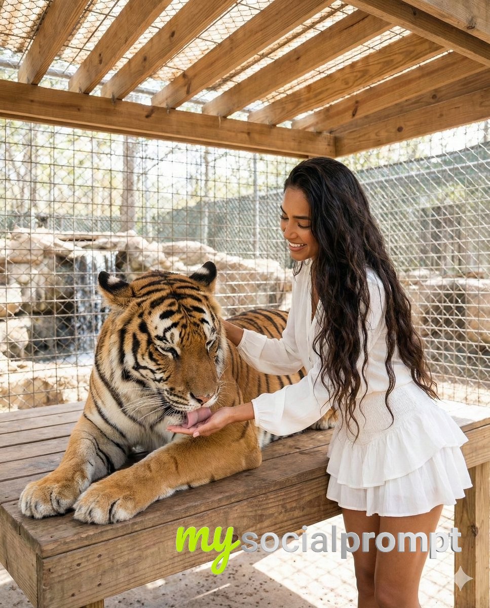 nanobanana prompt: Woman and Tiger – Trusting Bond in Dappled Sanctuary Light