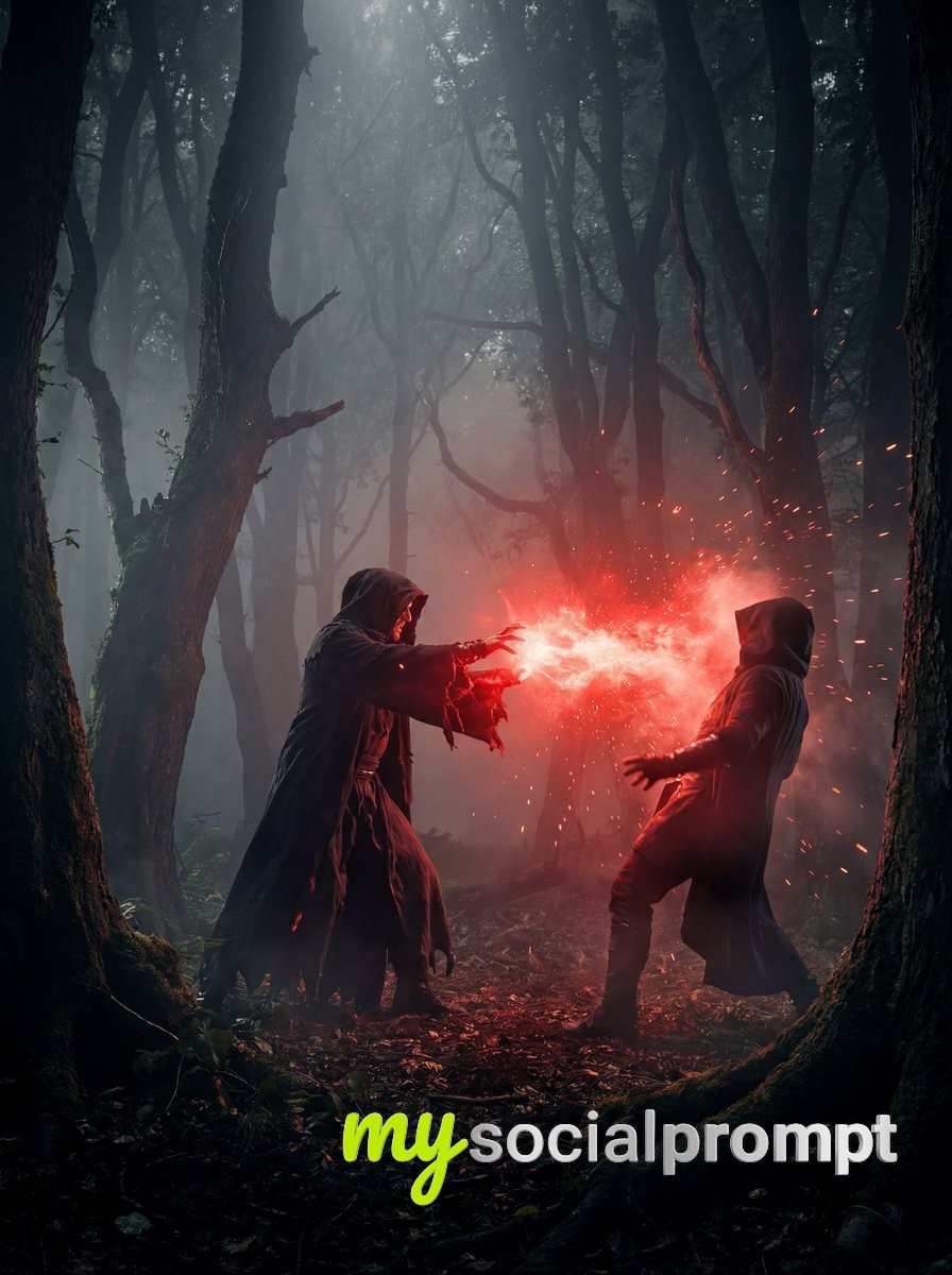 nanobanana prompt: Cinematic Forest Duel with Glowing Red Energy & Moody Lighting 2