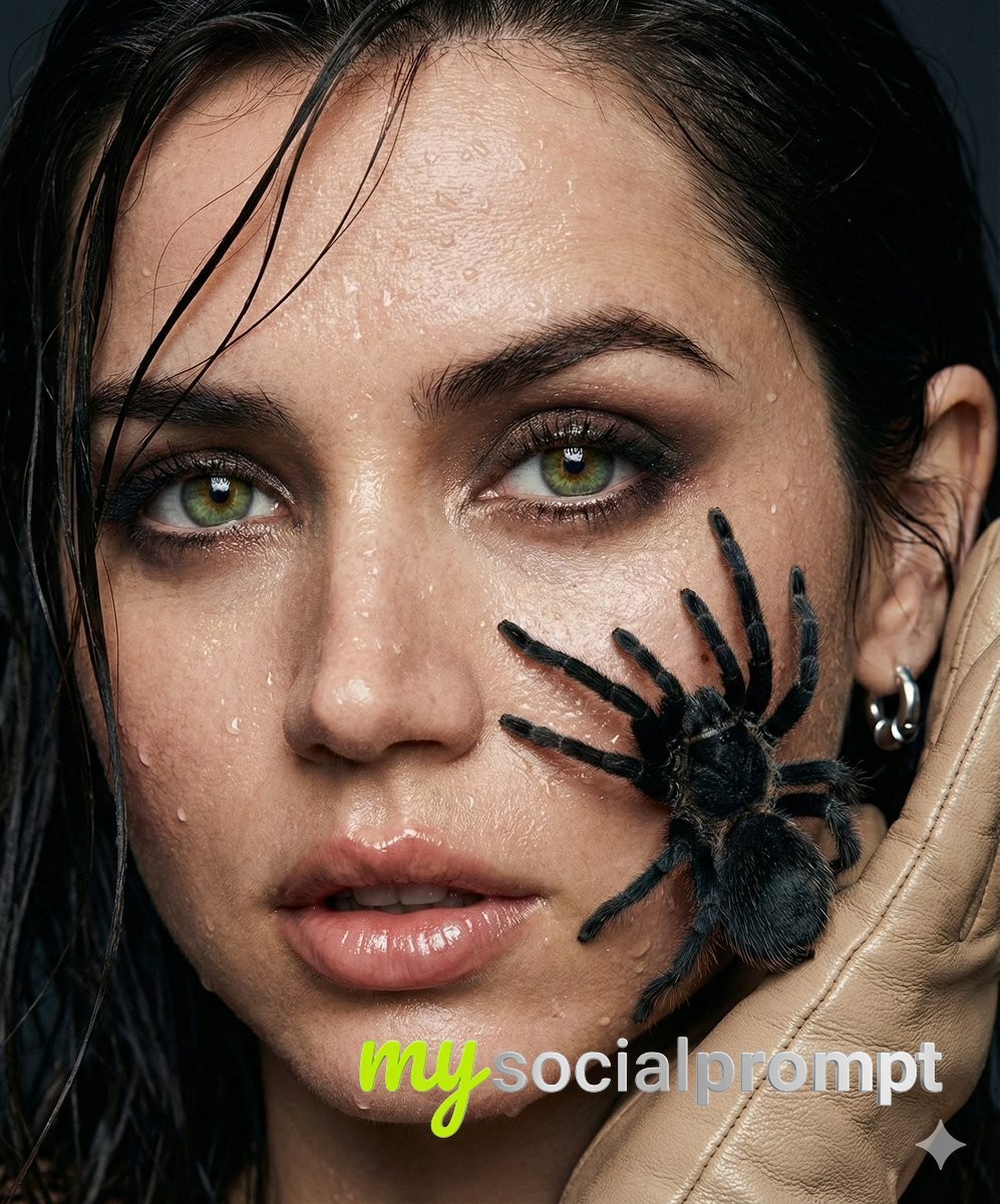 nanobanana prompt: Cinematic Fashion Portrait with Surreal Tarantula Element 2
