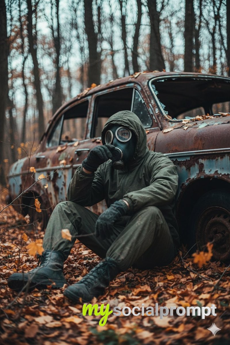 nanobanana prompt: Melancholic Post-Apocalyptic Survivor in Overgrown Forest – Cinematic Portrait