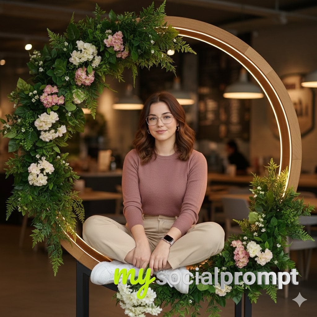 nanobanana prompt: Editorial Café Portrait with Circular LED Frame and Natural Warmth