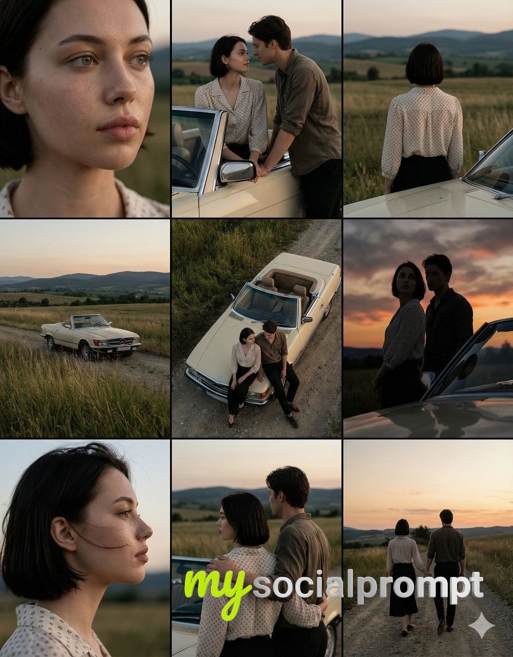 nanobanana prompt: Cinematic Grid of Countryside Couple at Dusk with Vintage Convertible