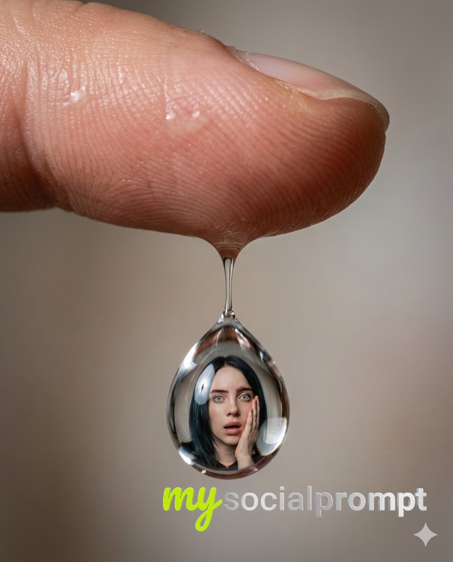 nanobanana prompt: Ultra-Realistic Macro Portrait: Water Droplet with Shocked Figure 2