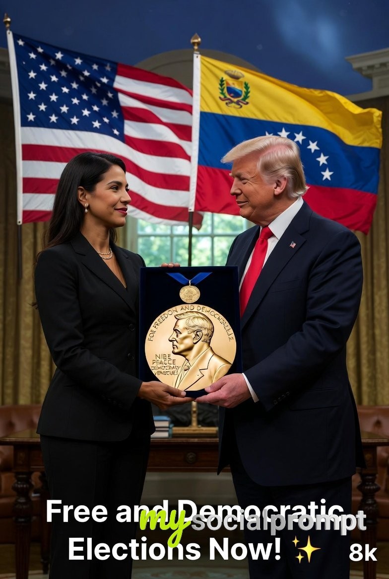nanobanana prompt: Cinematic Photo-Realism: María Corina Machado Presents Nobel Medal to Donald Trump 2