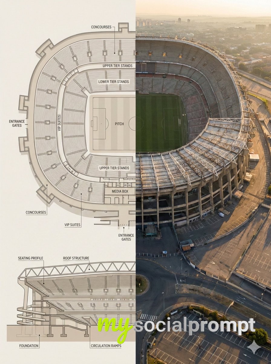 nanobanana prompt: Architectural Blueprint vs. Aerial Photography Split Composition