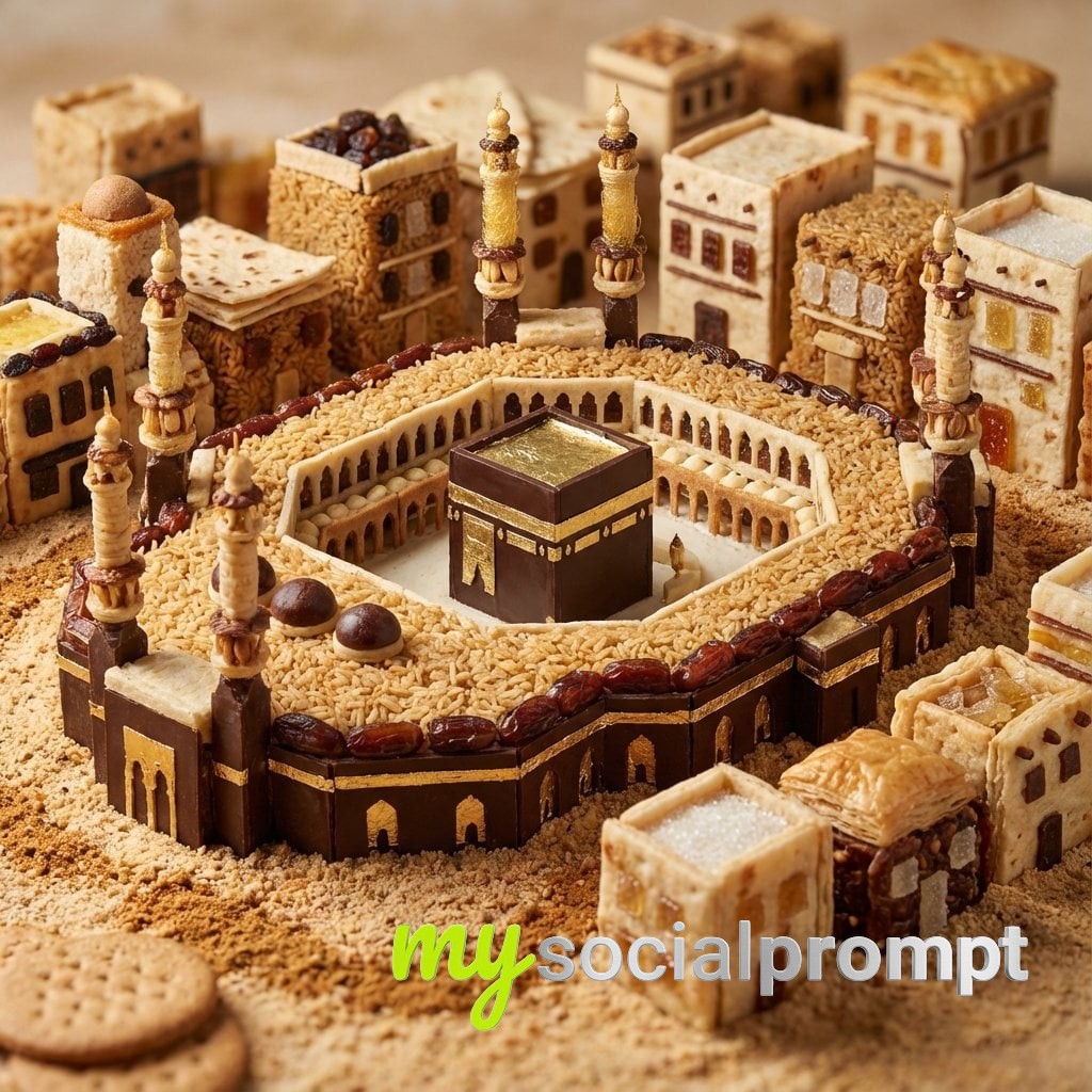 nanobanana prompt: Miniature Edible Cityscape: Tilt-Shift Food Architecture Diorama