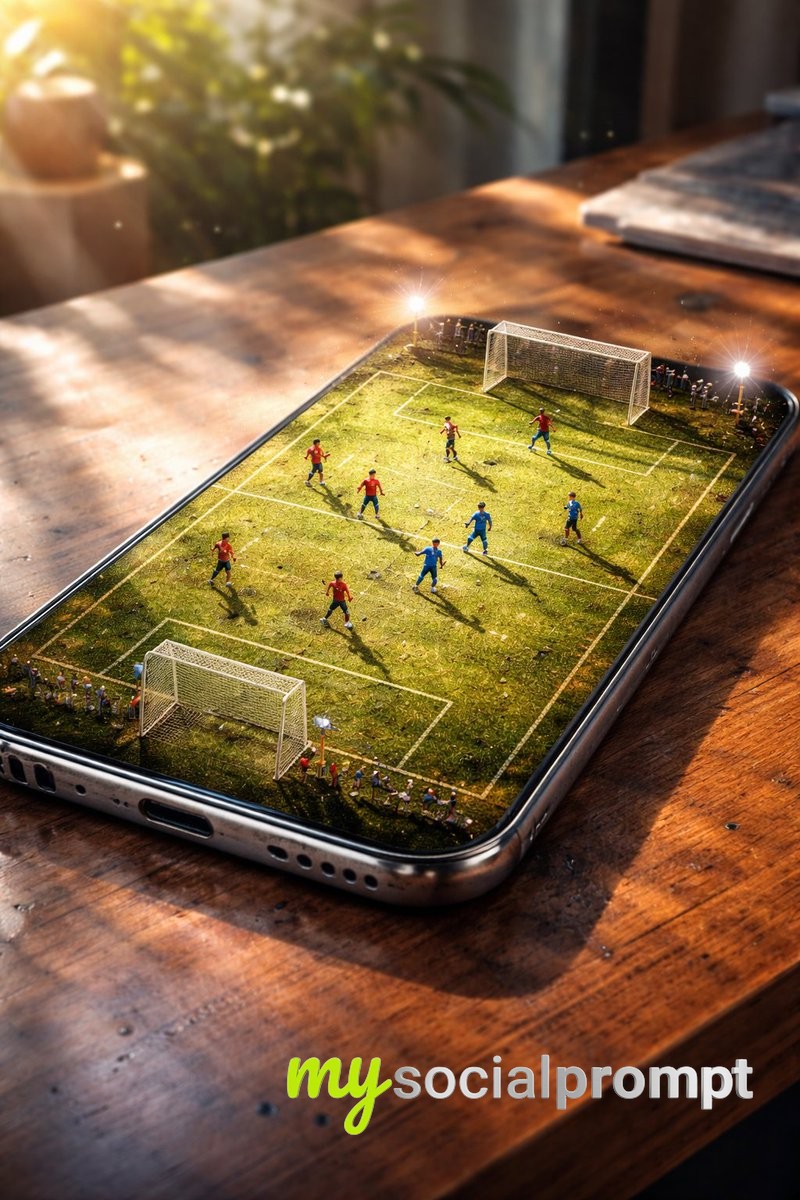 nanobanana prompt: Hyper-realistic Miniature Football Stadium on Smartphone Screen